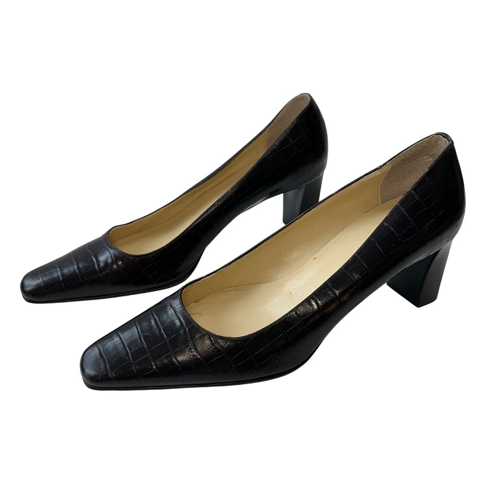 Vintage Casual Corner Brown Leather Pumps Block Heel Square Toe‎ Classic Size 7M
